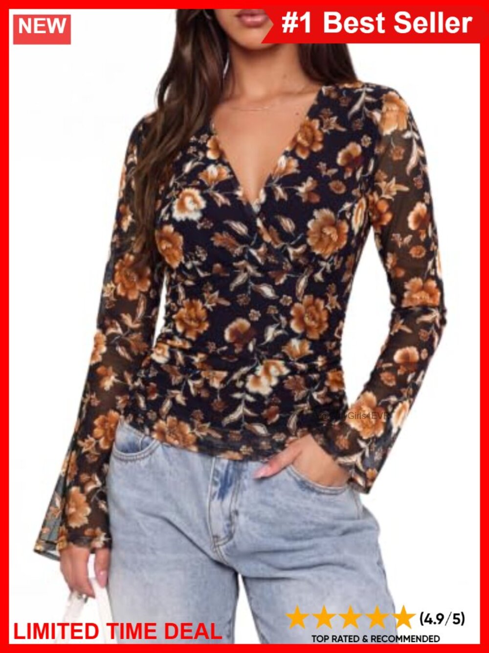 Floral Mesh Wrap Blouse V-Neck Ruched Long Sleeve Women's Top